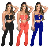 Blue Hollow Out Halter Crop Top and Flare Pants Two Piece Outfits