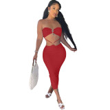 Red O-Ring Cut Out Strapless Midi Dress