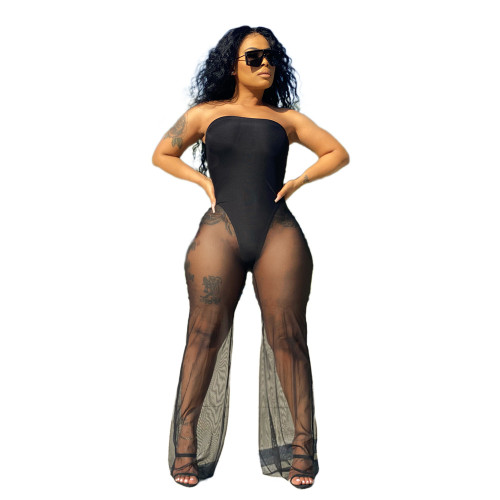 Black See Through Mesh Splicing Strapless Plus Size Jumpsuit