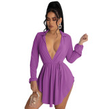 Purple Deep-V Collar Irregular Hem Short Dress with Belt