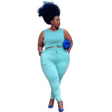 Plus Size Blue Strings Crop Tank and Stack Pants 2 Piece Set
