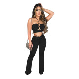 Black Hollow Out Halter Crop Top and Flare Pants Two Piece Outfits
