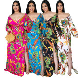 Plus Size Print Feather Wrap Slit Long Sleeve Sexy Maxi Dress