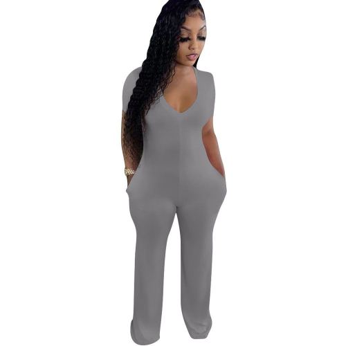 Short Sleeve V-Neck Gray Wide Leg Jumpsuit