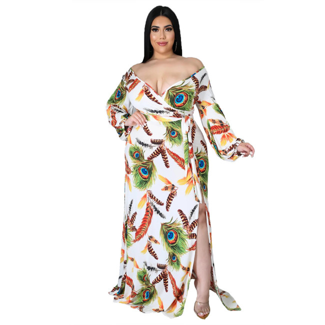 Plus Size Print Feather Wrap Slit Long Sleeve Sexy Maxi Dress