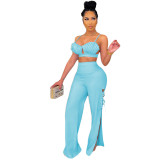 Blue Ruched Bra Top and Lace Up Sides Slit Pants Two Piece Set