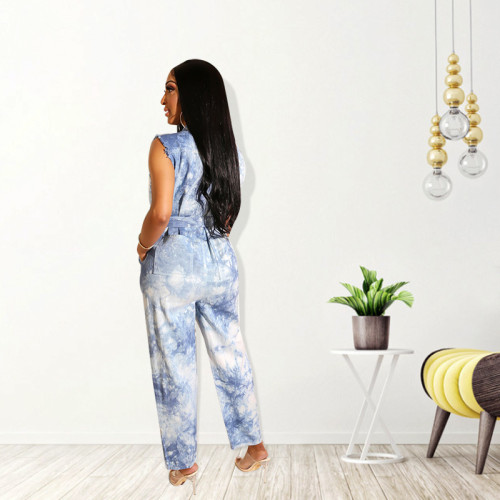 Plus Size Tie Dye Blue Sleeveless Ripped Jumpsuits