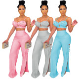 Pink Ruched Bra Top and Lace Up Sides Slit Pants Two Piece Set