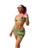 Sexy Print Bikini Set with Cover-Up Skirt 3PCS Swimwear