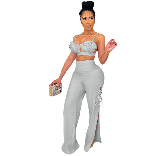Gray Ruched Bra Top and Lace Up Sides Slit Pants Two Piece Set