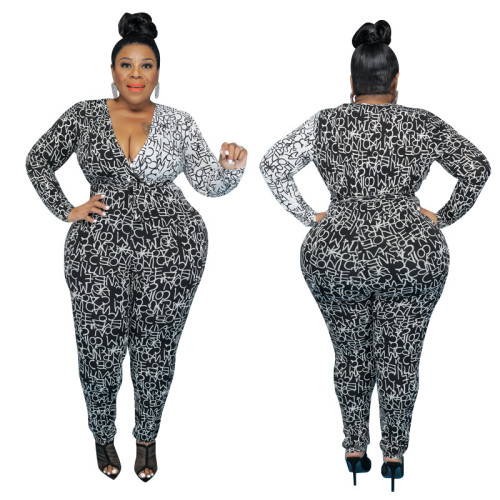 All Over Black and White Print Wrap Plus Size Jumpsuit