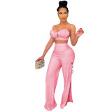 Pink Ruched Bra Top and Lace Up Sides Slit Pants Two Piece Set