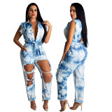 Plus Size Tie Dye Pink Sleeveless Ripped Jumpsuits