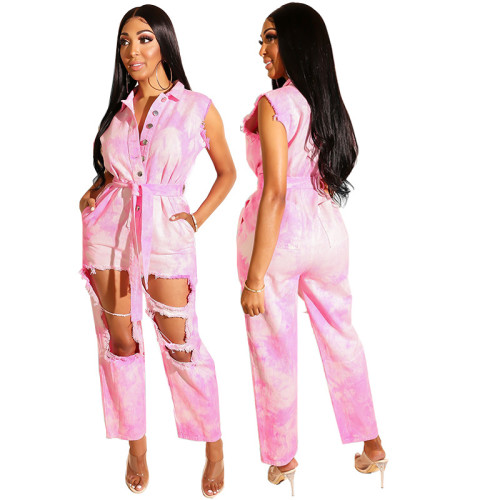 Plus Size Tie Dye Pink Sleeveless Ripped Jumpsuits