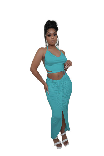 Light Blue Sexy Backless Halter Crop Top and Ruched Long Skirt Set