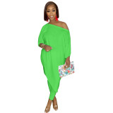 Long Sleeve Neon Green Skew Neck Two Piece Pants Set