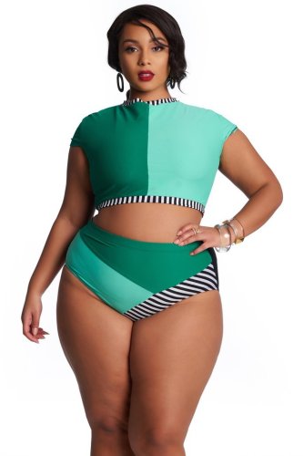 Plus Size Color Block Short Sleeve Two Piece Swimwear