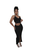 Black Sexy Backless Halter Crop Top and Ruched Long Skirt Set