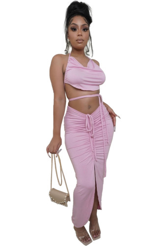 Pink Sexy Backless Halter Crop Top and Ruched Long Skirt Set