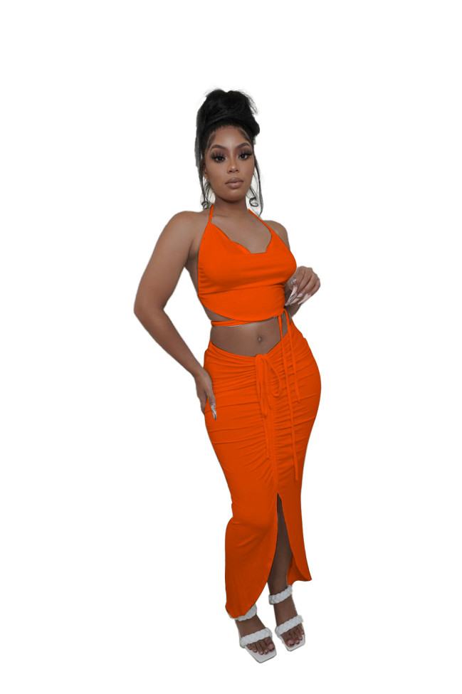Orange Sexy Backless Halter Crop Top and Ruched Long Skirt Set