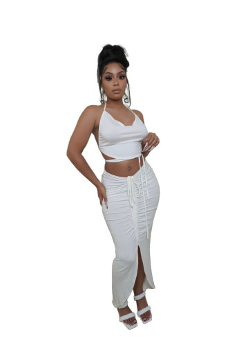 White Sexy Backless Halter Crop Top and Ruched Long Skirt Set