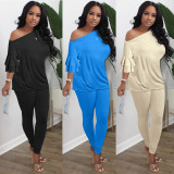 Black Casual Ruffle Sleeve Skew Neck Two Piece Pants Set