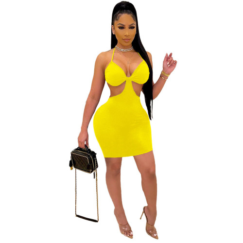 Yellow Strap Sexy Hollow Out Club Dress