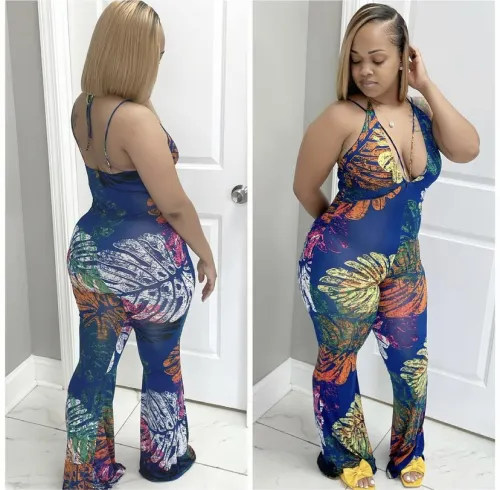 Leaf Print Blue  Halter Deep-V Plus Size Sexy Flare Jumpsuit