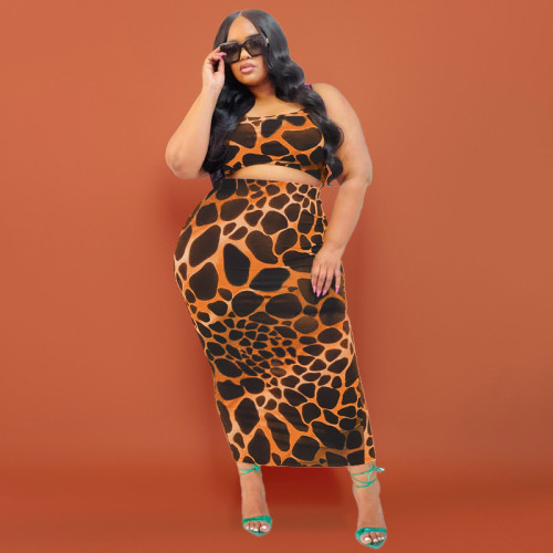 Orange Print Tank Top and Long Skirt Bodycon Plus Size Two Pieces