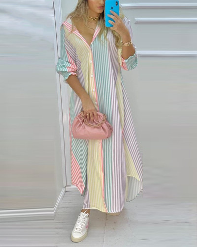 Print Colorful Stripes Fashion Long Shirt Dress