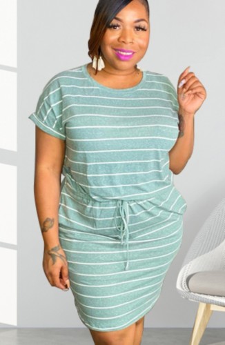 Plus Size Green Stripes Drawstrings T-shirt Dress