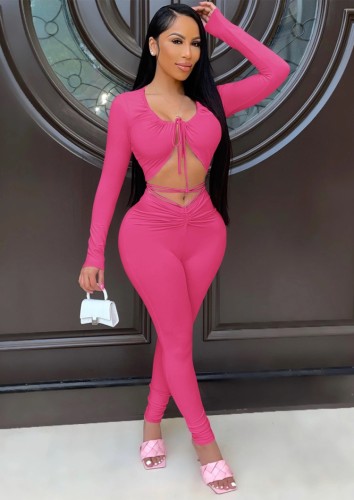 Hot Pink Sexy Crop Top and Pants Two Piece Set