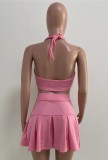 Pink Sexy Tie Front Halter Bra and Pleated Skirt Set