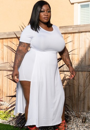 Plus Size White Long Slit Top and Biker Shorts Two Pieces
