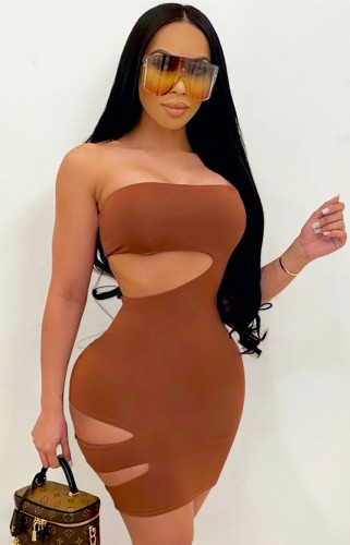 Brown Cut Out Sexy Strapless Mini Bodycon Dress