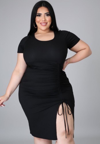 Plus Size Black Slit Drawstring Short Sleeve Bodycon Dress