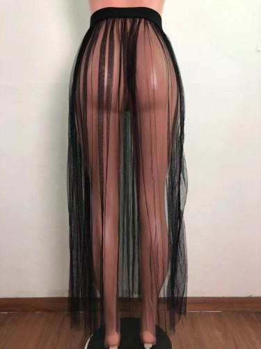 Sexy Black Mesh Pleated Long Skirt Beach Cover Up