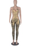 Sexy Cut Out Golden Shiny Halter Ruched Jumpsuit