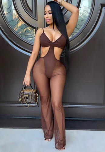 Brown Sexy Cut Out Mesh Splicing Cami Jumpsuit