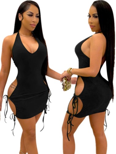 Black Hollow Out Sexy Tie Sides Halter Bodycon Dress