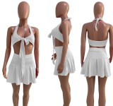 White Sexy Tie Front Halter Bra and Pleated Skirt Set