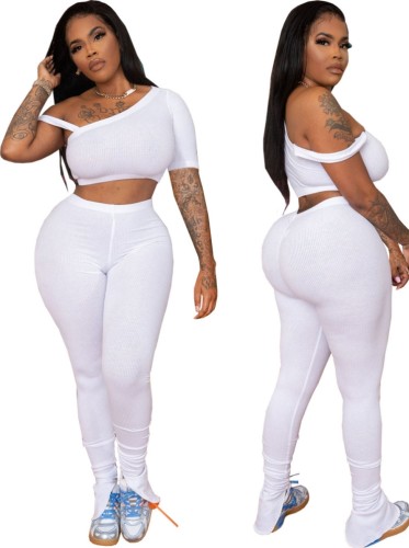 White Sexy Asymmetric Crop Top and Pants Bodycon 2pcs Set