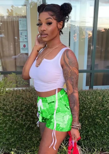 Drawstrings White Tank Top and Print Shorts Two Pieces