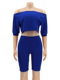 Blue Half Sleeve Off Shoulder Crop Top and Biker Shorts Set