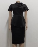 Black Short Sleeve Bow Tie Neck Peplum Dress