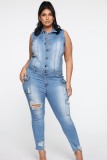 Blue Sleeveless Button Up Denim Jumpsuit with Pockets