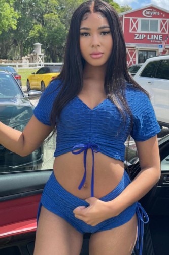 Sexy Blue Textured Drawstrings Crop Top and Shorts Two Pieces