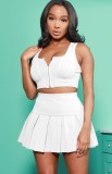 White Zipper Crop Top and Pleated Skirt Set