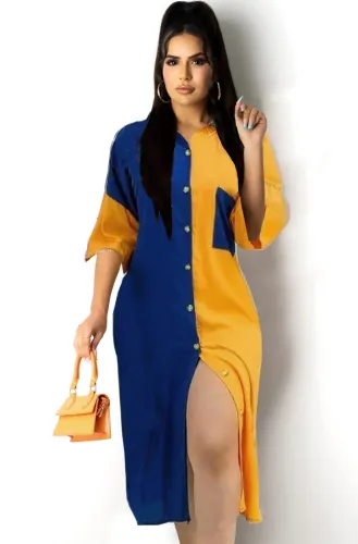 Casual Color Block 3/4 Sleeve Shirt Dress