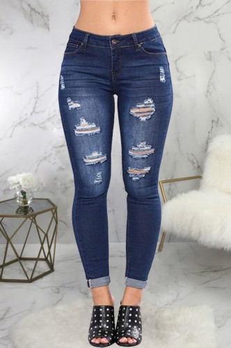 Trendy Fitted Dark Blue Ripped Jeans